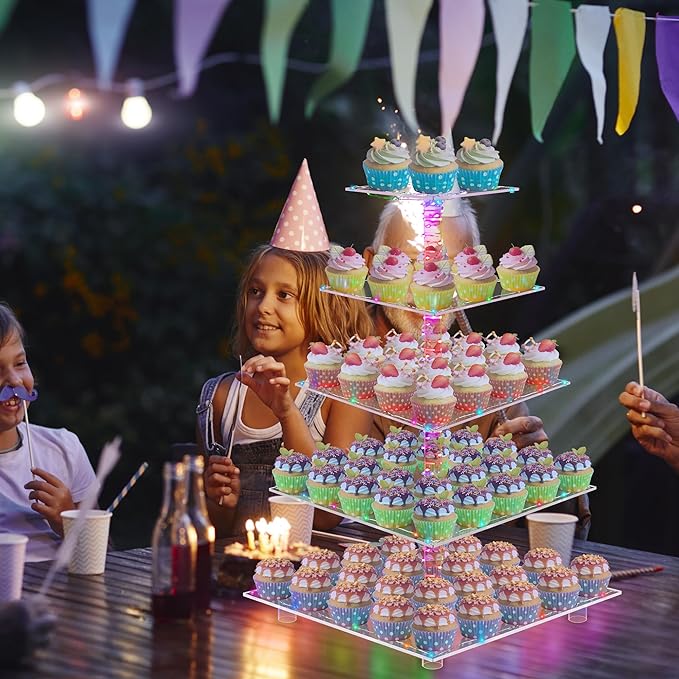 YestBuy Cupcake Stand – 5 Tier Premium Cupcake Holder – Acrylic Cupcake Tower Display – Cady Bar Party Décor – Acrylic Display for Pastry + LED Light String – Ideal for Weddings, Birthday (Colorful)