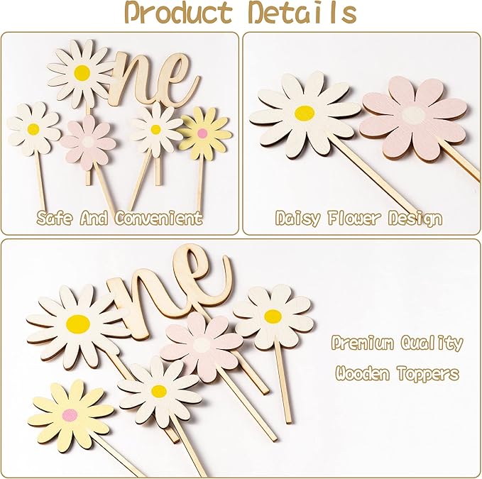 Daisy ONE Cake Topper - 5 Pcs Wood Painted Colorful Boho Groovy Daisy Flower Dessert Cupcake Topper Food Safe Cake Picks Cheers Decorations Featuring Baby Shower Kids Birthday Party Supplies