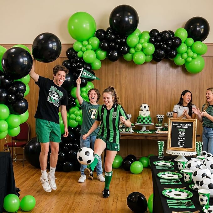 Green and Black Soccer Balloon Garland Arch Kit, Black Light Lime Green Latex Balloons Balloon for Boys Men Video Game Jungle Football Theme Baby Shower Soccer Birthday Party Decorations Supplies