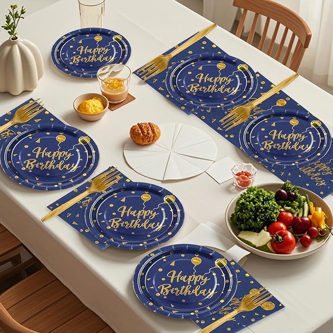 48PCS Happy Birthday Plates and Napkins Party Supplies, Blue and Gold Disposable Paper Plates and Napkins with Forks Tableware Set for Birthday Party Decorations 16 Guests