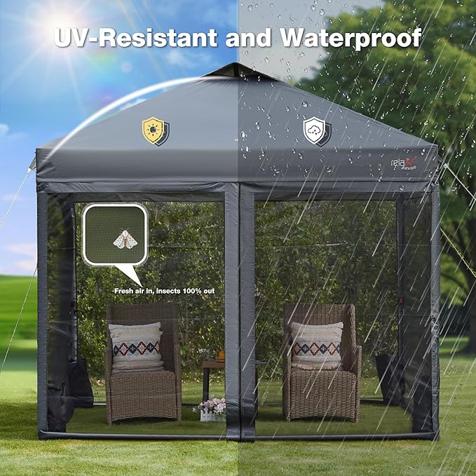 10x10 Pop Up Canopy Tent with Mosquito Netting, Outdoor Portable Screen Tent for Yard, Party, Camping and Picnic, 3 Height Positions, Patio Gazebo with Roller Bag and 4 Sandbags