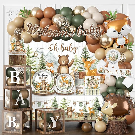 Woodland Baby Shower Decorations, 265 PCS Woodland Animals Baby Shower Party Supplies with Balloon Garland, Backdrop, Tableware, Balloon Boxes & Mom to Be Sash, Gender Neutral Forest Theme