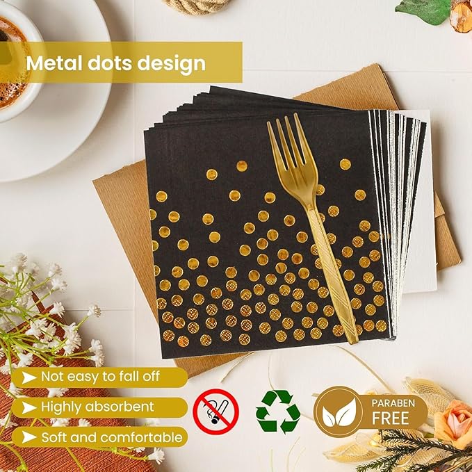 ï»?5PCS Black and Gold Paper Plates and Napkins Party Supplies, Disposable Black Gold Dessert Plates Black Napkins Tableware Dinnerware Set for Birthday Graduation Retirement Weddings Party Decorations