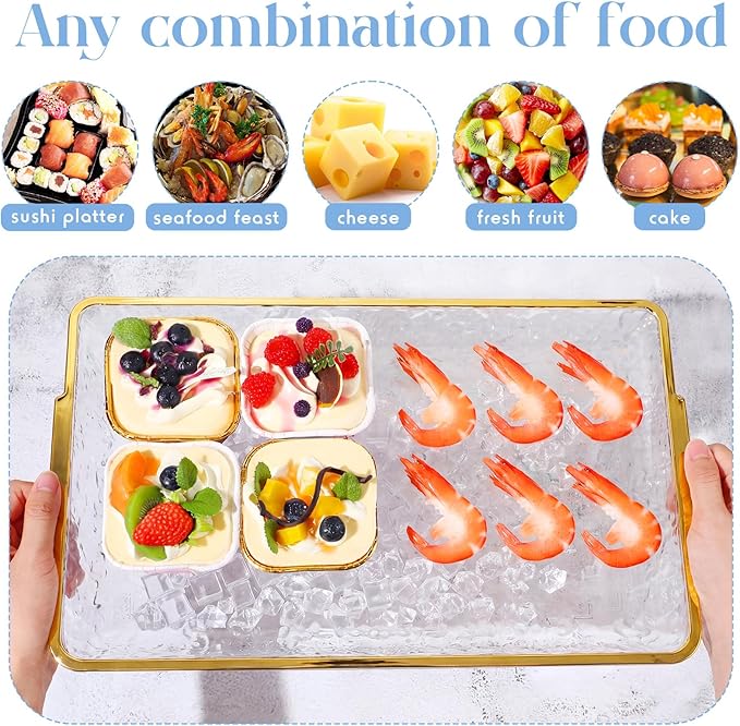 Baderke 2 Set 16" x 9" Plastic Chilled Serving Tray for Parties with Compartments Ice Chilled Party Platter Charcuterie Serving Board Cold Dish Dip for Fruit Seafood Vegetable Appetizer (Gold Rim)