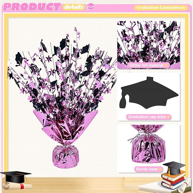 6 Packs Graduation Decorations Centerpieces for Tables Metallic Foil Star Graduate Cap Burst Tabletop Display in Pink and Black for Grad Ceremonies Celebrations Party Decor Supplies 12 (Pink)