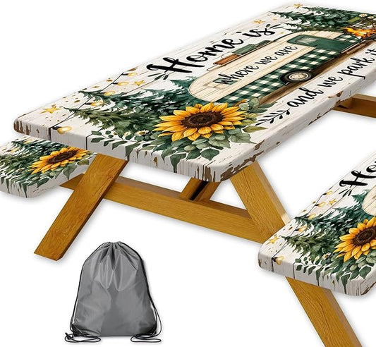 Picnic Table Cover with Bench Covers Camping Essentials Green Checkered RV Forest Sunflower Wooden Outdoor Table Covers with Elastic Waterproof Camping Tablecloth for Indoor & Outdoor 3 PCS 30x72 Inch