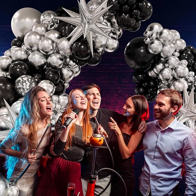 FOTIOMRG Black and Silver Balloons Garland Arch Kit with 3pcs Star Balloon, Metallic Sliver and Black Balloons for Birthday Graduation Baby Shower Disco New Years Party Decorations