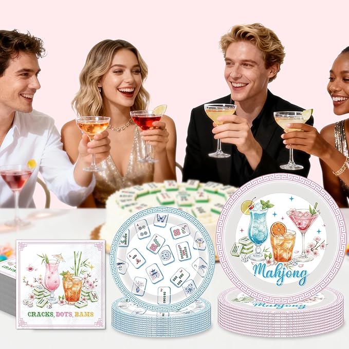 Mahjong Birthday Party Supplies - 96 Pcs Mahj Disposable Paper Dessert Plates Napkins Forks Tableware Decor Cocktail Mah Jong Table Decorations Accessories for Game Night Holiday Serves 24