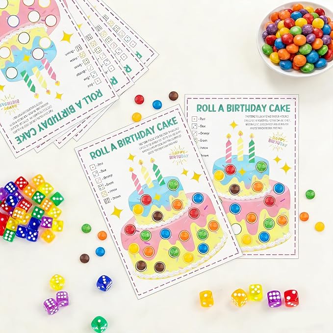 Auch Roll a Birthday Cake Dice Game Set, 30 Transparent Color Dice & 25 Game Sheets, Fun Birthday Party Activity, Icebreaker, Group Game for Birthday Celebrations, Family Gathering Party Supplies