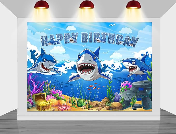 Mocsicka Shark Birthday Backdrop Shark Themed Under The Sea Happy Birthday for Boys Party Decorations Cake Table Banner Photography Background Party Supplies