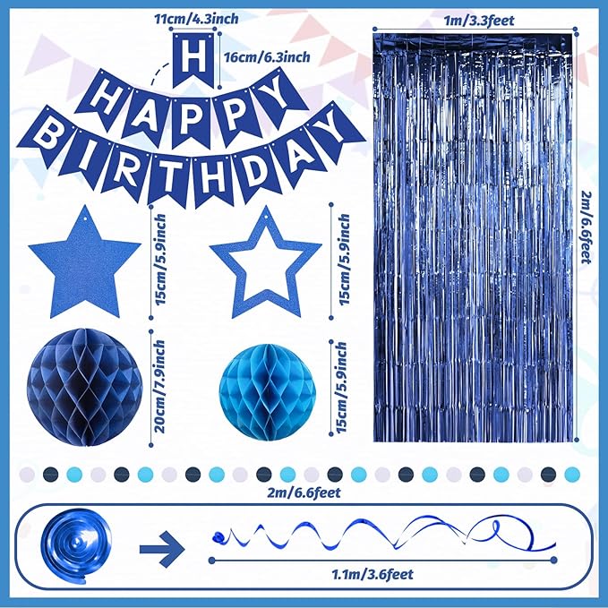 ZERODECO Birthday Decorations, Happy Birthday Banner with Paper Honeycomb, Star Hanging Swirl, Fringe Curtain, Garland, Birthday Party Decorations for Women Men Boys Girls (Navy Blue)