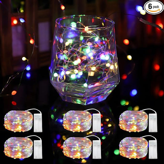 6 Pcs Fairy Lights Battery Operated, Christmas Tree Decor Twinkle Lights, 10 feet 30 LEDs String Lights, Flashing and Constant Light Modes, for Parties, Glass Bottle Decoration (Multi-Colored)