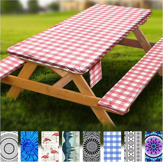 Fitted Picnic Table Cover with Bench Covers Vinyl Waterproof Elastic Edges Fitted Rectangle Tables Patio Tablecloth Camping Gear and Essentials Rv Accessories Road Trip Supplies Car Travel Must Haves