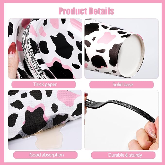 Kochorie 144 Pieces Pink Cow Print Party Supplies, Cowgirl Pink Cow Tableware Sets Including Disposable Paper Plates Napkins Cups Forks Serves 24 for Baby Shower Birthday Party Decorations