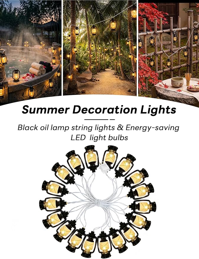 Vintage Kerosene Lantern String Lights, 12FT Retro Hurricane Lamp with 20 LED Black Kerosene Lights, Rustic Farmhouse Decorative Lighting for Camping, Patio, Fireplace, Wedding, Christmas Decor