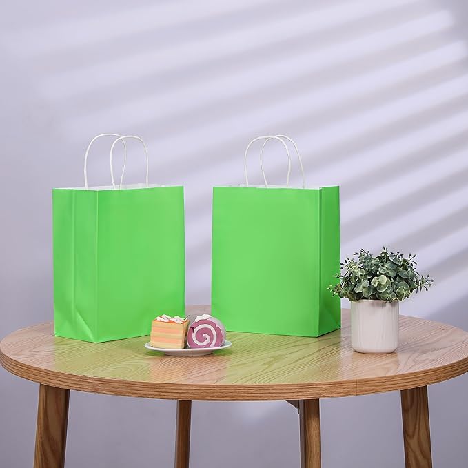 SUNCOLOR 25 Pack Green Gift Bags with Handles – 8x4.5x10 Medium Bags for Shopping, Retail, DIY, Wedding, Party Favors & Special Occasions