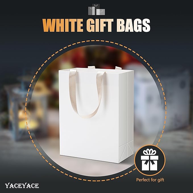 White Gift Bags, 10Pcs 8x4.25x10 Medium Paper Gift Bags with Handles, White Paper Shopping Bag Bulk, Merchandise, Goodie, Boutique Bag