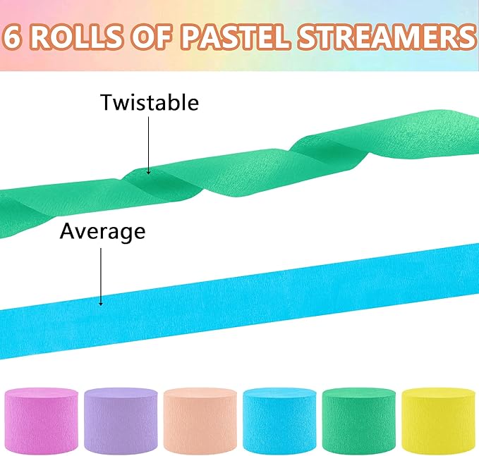 Crepe Paper Streamers 6 Rolls Pastel Streamers 2.2 Inches 738 Feet, Streamers Party Supplies for Birthday, Wedding, Baby Shower, Bachelorette Party, Graduations Decorations, DIY Crafts