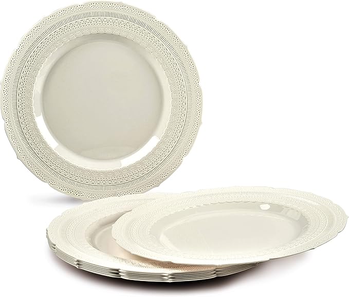 OCCASIONS 120 Guests Heavy Duty Disposable Plastic Plates Set ??11" Dinner & 8.25" Salad Plates, Premium Reusable Party Plates for Weddings, Events, Fancy Dinnerware ??Chateau Ivory