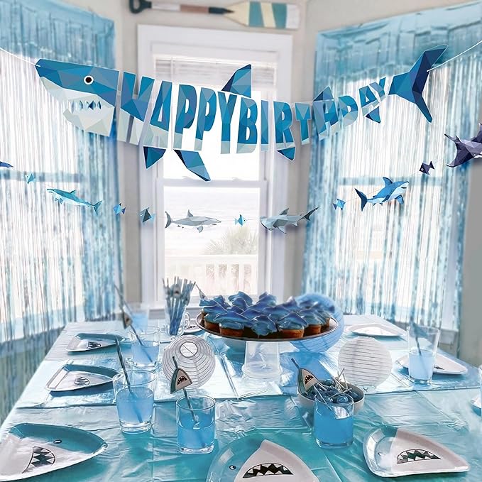 Cheerland Shark Birthday Party Decorations Happy Birthday Banner Hanging Shark Garland Decor Geometric Style Under The Sea Nautical Ocean Theme Pool Party Supplies