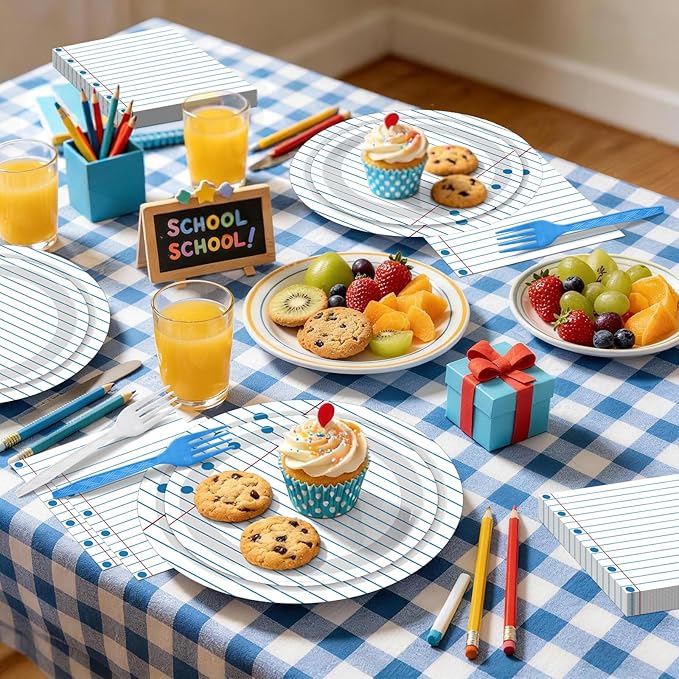 100 Pcs Back to School Party Supplies - Serves 25, Notebook Lined Paper Disposable Tableware, Includes Paper Plates, Napkins, and Plastic Forks for Kids’ Birthday, Classroom, Teacher Themed Decoration