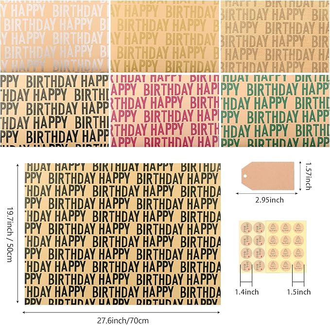 Birthday Wrapping Paper Set, 6 Sheets Kraft Brown Recycled Gift Wrapping Paper with Stickers, Gift Wrapping Paper with Happy Birthday Pattern Design for Kids Girls Women Boys Men Adults, 20×28 inches