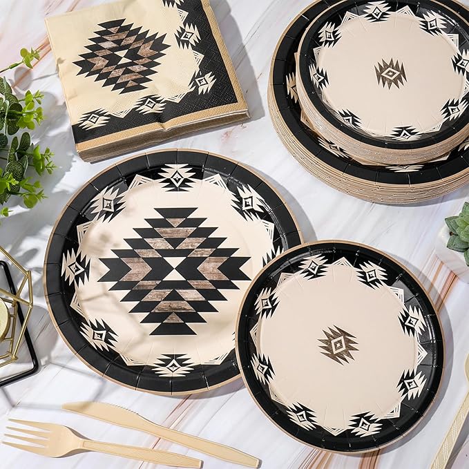 FYSUIMU 150 Pcs Western Theme Tableware Set Simple Modern Aztec Disposable Dinnerware Disposable 7" 9" Plate Paper Napkin Plastic Knives Forks Spoons, Serves 25
