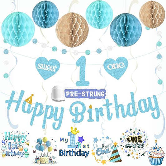 Blue First Birthday Decorations for Boy, Pre-Strung Sweet One and Happy Birthday Banner with Honeycomb Balls, Hanging Swirls, Circle Dots Garland for 1st Birthdays Decorations Boy 21pcs