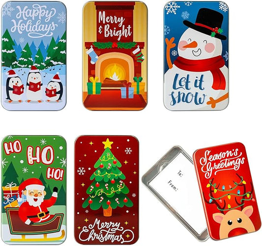 JOYIN 6PCS Gift Card Holder Boxes Christmas, 4.33” x 2.6” x 0.6” Tins Money Cash Holders Unique for Xmas Holiday Birthday Present Decor, Party Favors Silver Coin Boxes with Lids in 6 Designs