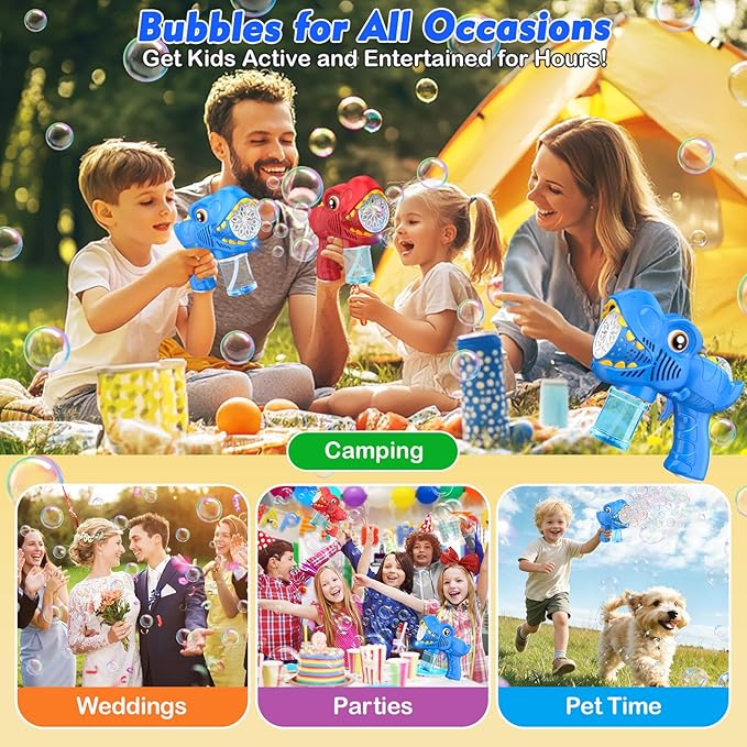 Bubble Machine Gun Kids Toys 2 Pack Rechargeable Bubble Guns with 4 Solutions Bubbles for Kids Toddlers Maker Blower Easter Basket Stuffers Dinosaur Outdoor Toys Valentines Boys Girls