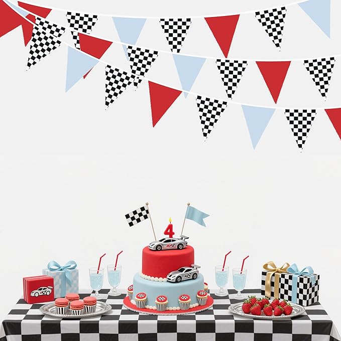 32Ft Racing Party Decorations Red Blue Black White Checkered Racing Car Fabric Banner Triangle Flag Pennant Garland Streamers for Kids Race Car Birthday Racetrack Baby Shower NASCAR Picnic Decor