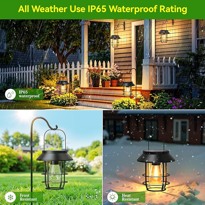Solar Lanterns Outdoor Waterproof, High Brightness Hanging Solar Lights for Outside with Wall Hooks, Christmas Decor Retro Metal Outdoor Lanterns Auto On/Off for Patio, Yard Decor, Black,2Pack