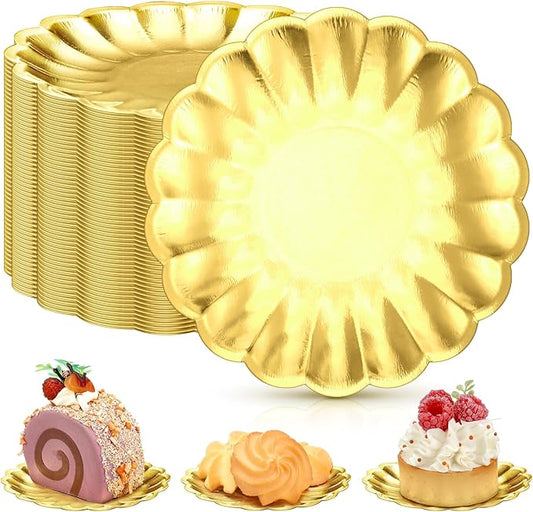 Yungyan 100 Pcs Mini Dessert Plates Cupcake Plates 3.5 Inch Gold Scalloped Rim Mini Paper Dessert Dish for Cake DIY Baking Party Wedding Birthday