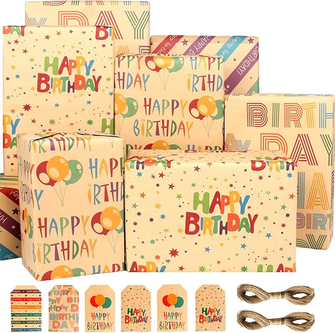 BWLOIES Wrapping Paper Birthday Gift Wrapping Paper Sheets Set, Kraft Birthday Gift Wrap Set,Balloon Star Happy Birhtday Paper with Tags String,Bday Present Wrap for Boy Girl Women Men