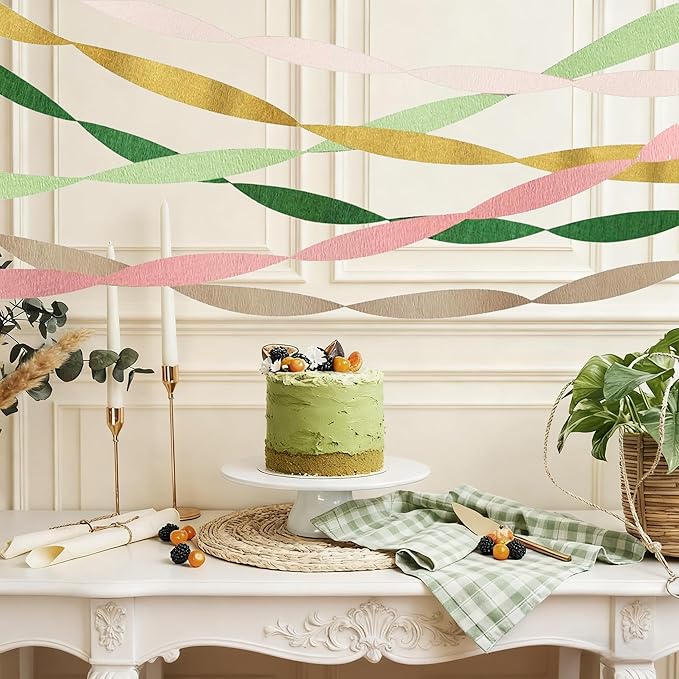 Crepe Paper Streamers Party Decorations - 6 Rolls Grass Green Gold Pink Olive Green Beige Khaki Streamers, Crepe Paper Rolls for Birthday Wedding Party