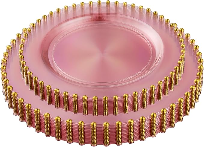 PLASTICPRO 32 Piece Combo Plastic Dinner Plates Disposable Plastic Fancy Heavy Duty Party Dishes 7 inch and 10 inch, Translucent Pink and Gold Beaded