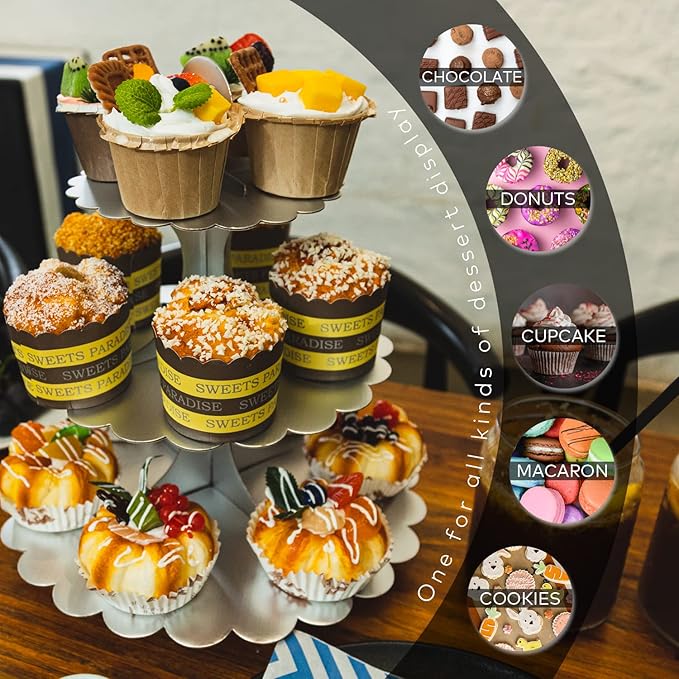 3-Tier Silver Matte Cupcake Stand 2 Pack, Cardboard Dessert Display for Weddings, Parties Events, Easy to Assemble Tiered Cake Stand