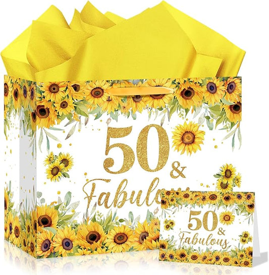 50th Birthday Gift Bag for Women Sunflower 50 and Fabulous 50th Birthday Bag with Wrapping Paper and Card Sunflower 1976 Birthday Gift Wrap Paper Bags for Mom 50 Years Old Bday Anniversary Supplies