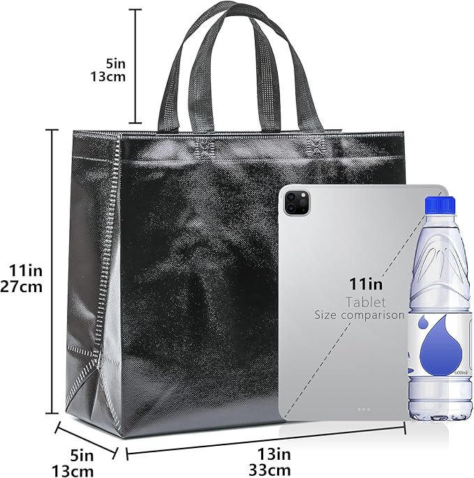 KeerxunBag 12Pcs Reusable Gift Bags（Includes Tissue Paper） Gift bag with handle Birthdays Parties Holidays Weddings Medium 13x5x11in Black Gift Bags