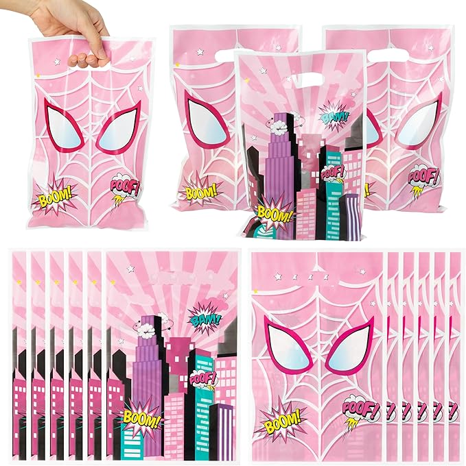 Pink Spider Party Favor Bags - 50PCS Pink Spider Party Gift Bags for Kids Plastic Goodies Bags with Handle for Theme Party Supplies Baby Show Birthday Parties Treat Candy Snack Bags