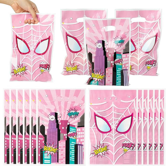 Pink Spider Party Favor Bags - 50PCS Pink Spider Party Gift Bags for Kids Plastic Goodies Bags with Handle for Theme Party Supplies Baby Show Birthday Parties Treat Candy Snack Bags