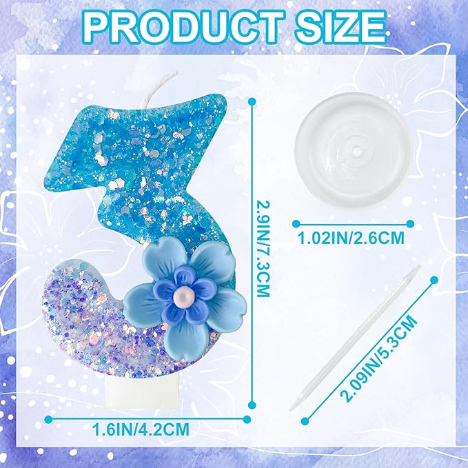 Blue Purple Flower Birthday Number Candles, Flower Theme Party Decorations, Cupcake Decorations, Suitable for Party Celebrations, Boys and Girls Birthday Decorations（3）