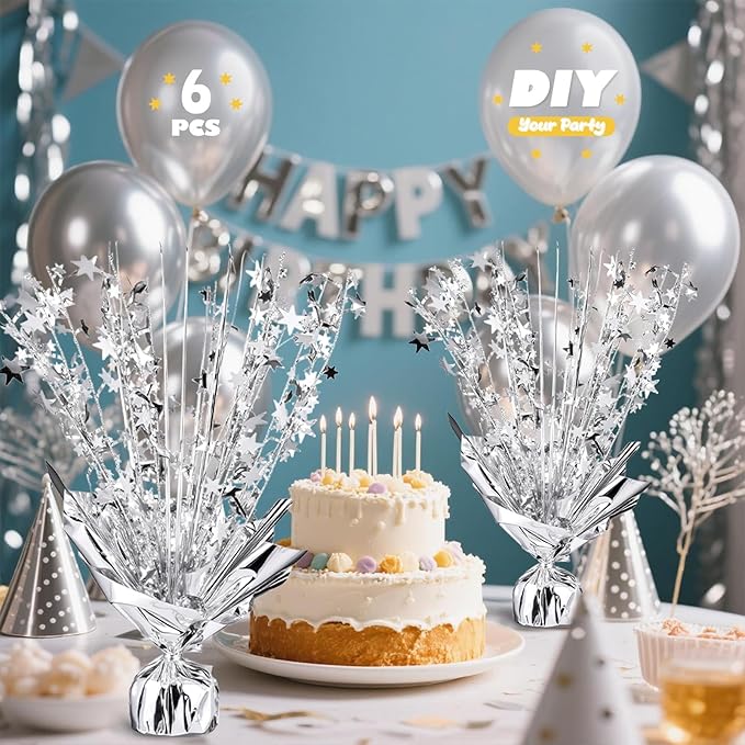 6 Pack Metallic Foil Spray Centerpiece Star Table Decoration Burst Table Centerpieces for Birthday Wedding Anniversary Celebrations Party Decor Supplies (Silver)