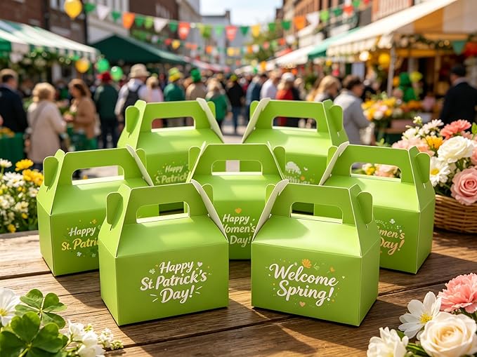 XAGLVV 24 Pack Green Paper Gable Boxes with Handles - Treat & Goodie Box for St. Patrick's Day, Nature-Themed Party Favors