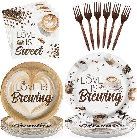 Grencian Love is Brewing Bridal Shower Decorations - 96Pcs Coffee Themed Bridal Shower Love is Brewing Plates and Napkins Disposable Tableware for Girls Wedding Engagement Party Decorations Serve 24