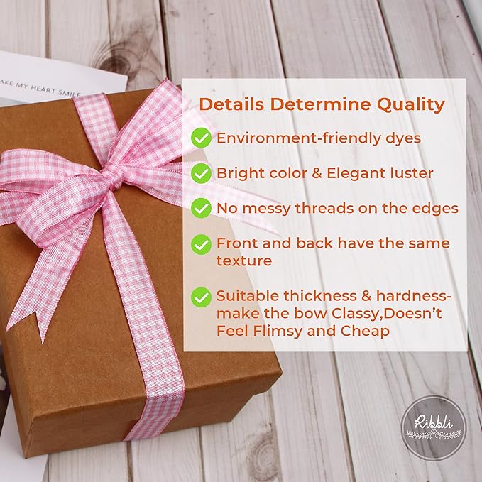 Ribbli Light Pink and White Gingham Ribbon,100% Polyester Woven Edge,5/8 Inch x 10 Yard,Plaid Ribbon Use for Baby Shower,Gift Wrapping,Party Decoration