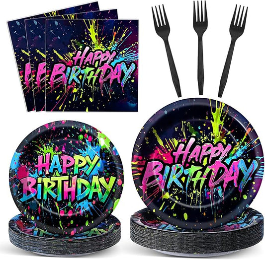 Qyeahkj 100 Pcs Neon Birthday Party Supplies Colorful Graffiti Paper Plates and Napkins Set Disposable Glow Neon Happy Birthday Tableware Decorations for Party Favors Serves 25