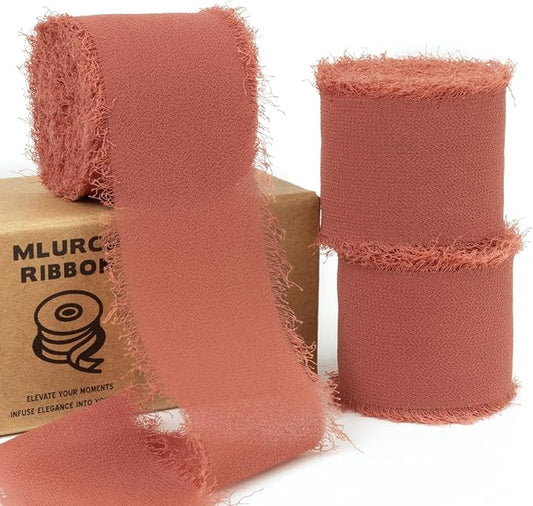 Rust Chiffon Ribbon - 1.5 Inch x 21 Yards, Handmade Fringe, Silk, Boho Frayed, Perfect for Gift Wrapping, Wedding Invitations, Bridal Flower Bouquets