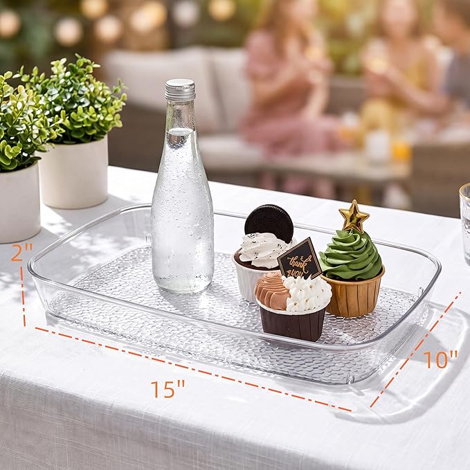 Lyellfe 4 Pack Clear Serving Tray, 15 x 10 Inch Deep Serving Platter, Spill Proof Decorative Coffee Table Perfume Tray for Bathroom, Dining Table, Vanity Cabinet