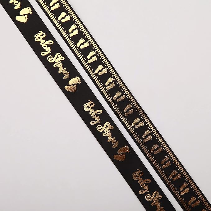 Meseey 20 Yards Baby Ribbon Foot Print Black and Gold Ribbons for Crafts Cake Baby Shower Birthday,Gift Wrapping, Party Decoration (Black)